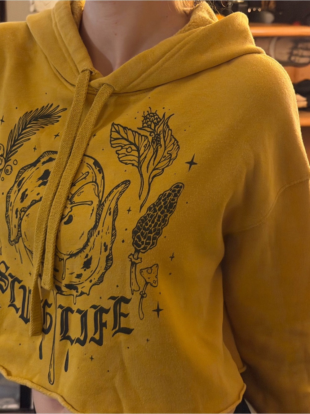 Yellow Graphic Crop Hoodie with Botanical Print